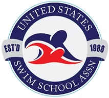 United States Swim School Association logo with red and blue swimmer emblem and ESTD 1988 text