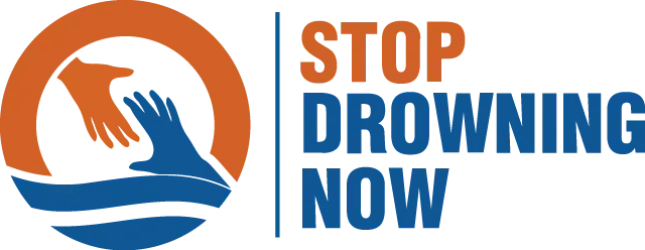 Stop Drowning Now logo with orange and blue hands in a water circle